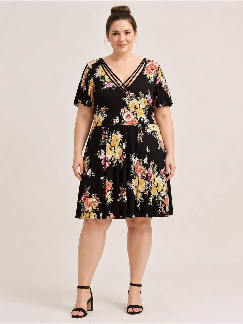 Torrid Black Floral Strappy Back Fit & Flare Dress Size 1